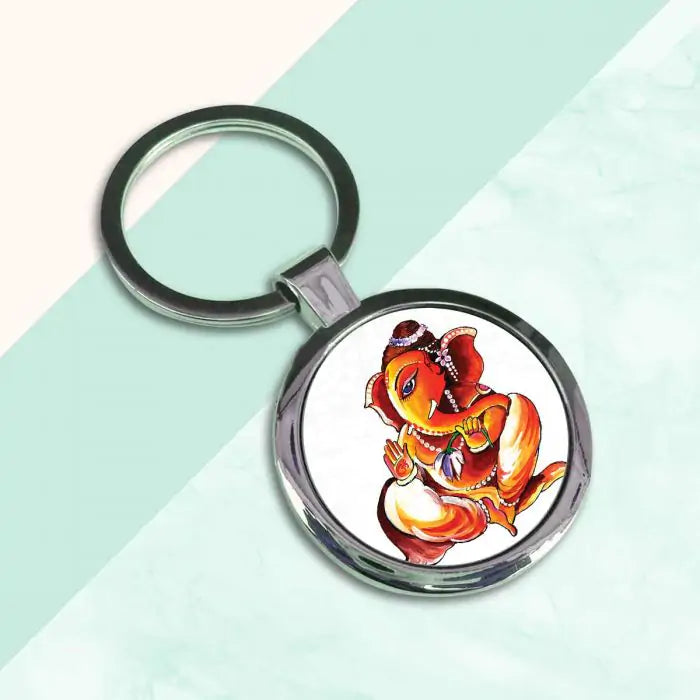Ganesha Lotus Blessings Round Metal Keychain-2