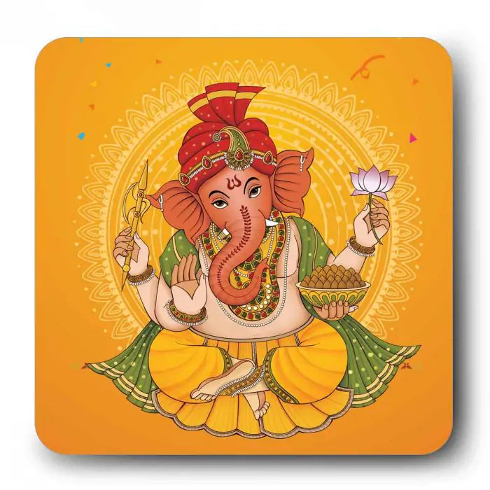 Ganesha Lotus Blessings Wooden Fridge Magnet 9 x 9 cm (3.5x3.5)-1