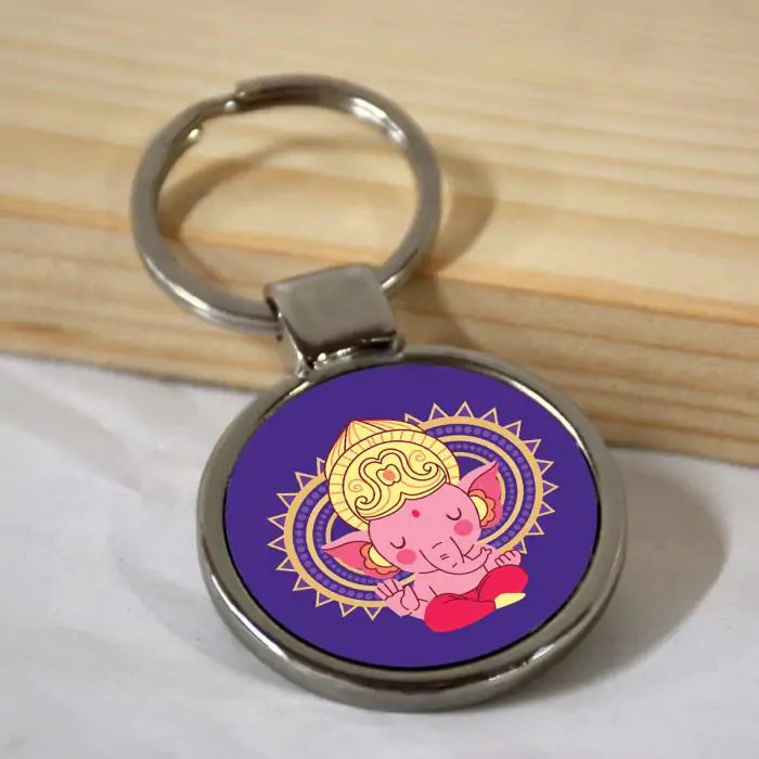 Cute Bala Ganesha Round Metal Keychain-1