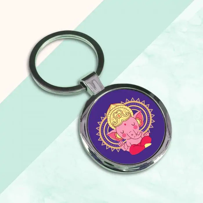 Cute Bala Ganesha Round Metal Keychain