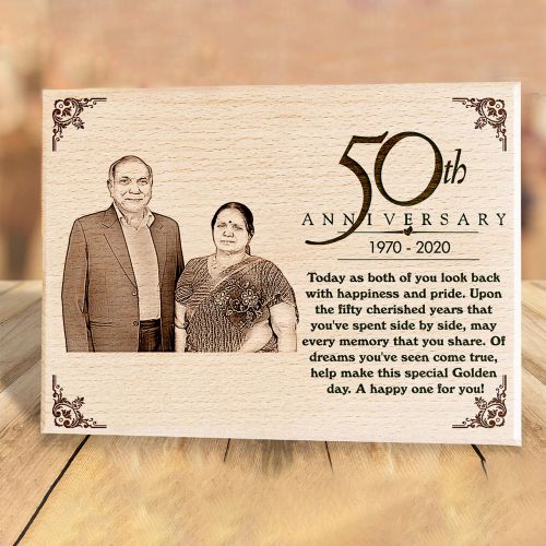 50th Golden Wedding Anniversary Present Personalized Engraved Photo on Wood