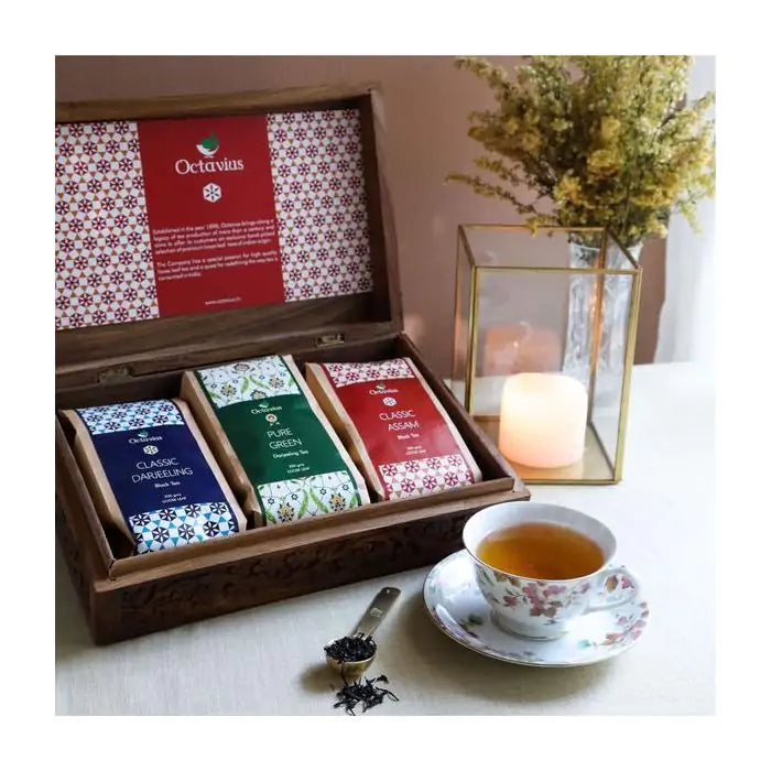 Indian Tea Collection - Premium Black & Green Whole Leaf Teas In Handcrafted Sesham Wood Box-1