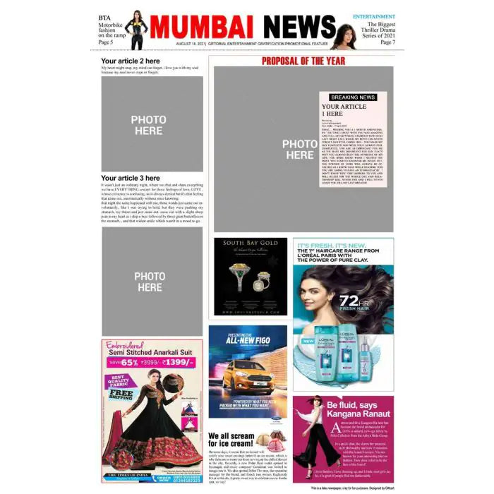 Personalised Newspaper - Valentine Day Proposal