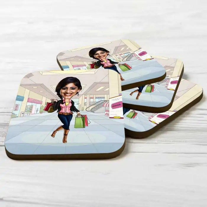 Personalised Shopoholic Caricature  Coasters - Set of 4
