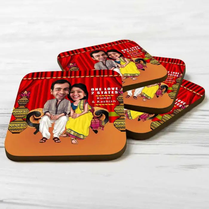 Personalised 2 States Caricature Coasters - Set of 4
