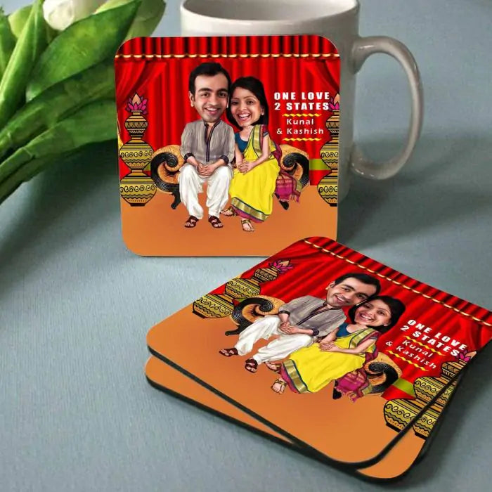 Personalised 2 States Caricature Coasters - Set of 4