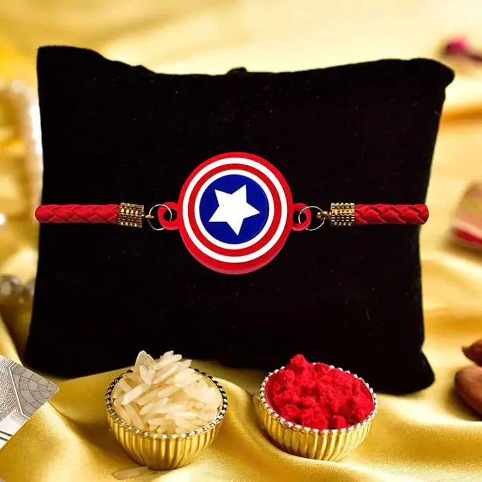 Captain America Designer Bracelet Rakhi for Kids with Roli Chawal