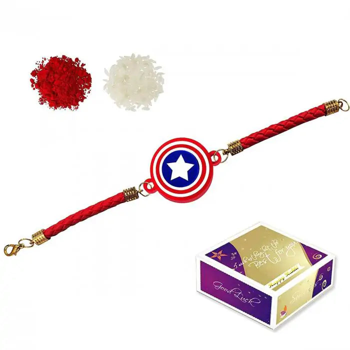 Captain America Designer Bracelet Rakhi for Kids with Roli Chawal