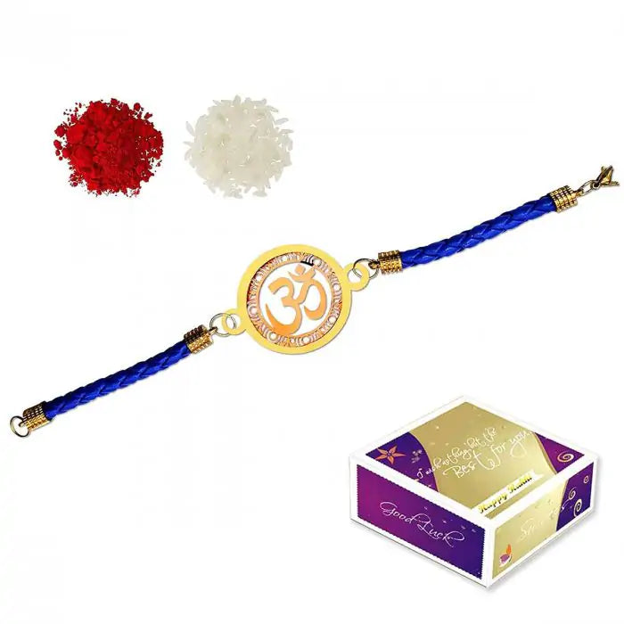 Gold Plated OM Designer Bracelet Rakhi for Big Brother with Roli Chawal-2