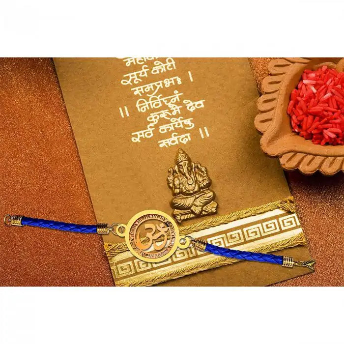 Gold Plated OM Designer Bracelet Rakhi for Big Brother with Roli Chawal-4
