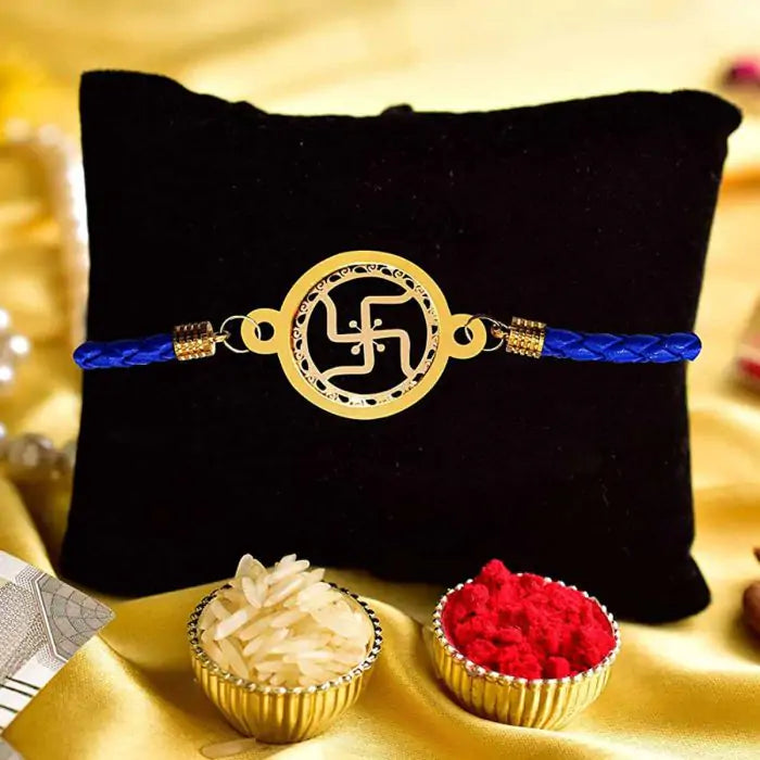 Gold Plated Swastik Designer Bracelet Rakhi for Pyara Bhai with Roli Chawal-1
