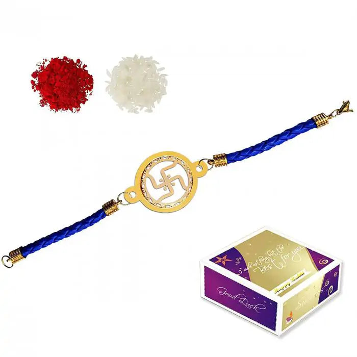 Gold Plated Swastik Designer Bracelet Rakhi for Pyara Bhai with Roli Chawal-2