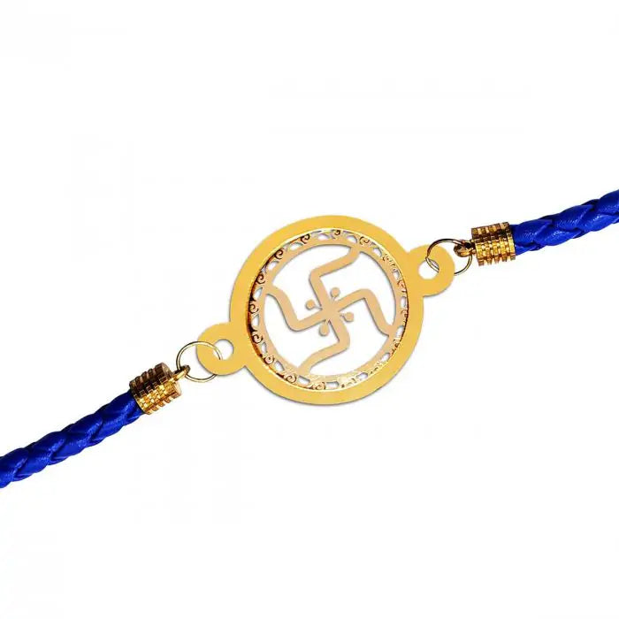 Gold Plated Swastik Designer Bracelet Rakhi for Pyara Bhai with Roli Chawal