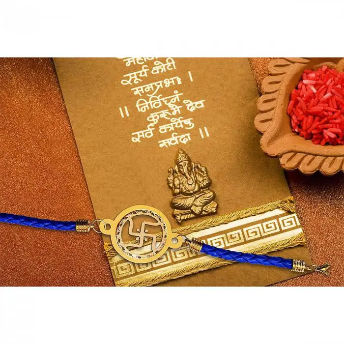 Gold Plated Swastik Designer Bracelet Rakhi for Pyara Bhai with Roli Chawal-4