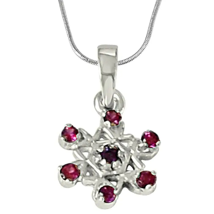Surat Diamonds Flower Shaped Purple Amethyst, Pink Rhodolite & 925 Sterling Silver Pendant with 18 IN Silver Finished Chain