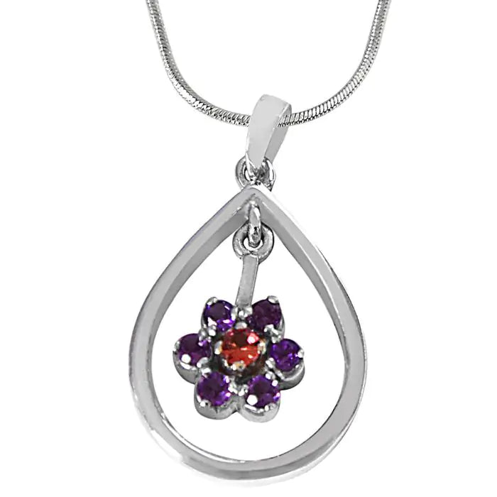 Surat Diamonds Round Purple Amethyst & Pink Tourmaline in 925 Sterling Silver Pendant with 18 IN Silver Finished Chain SDP495