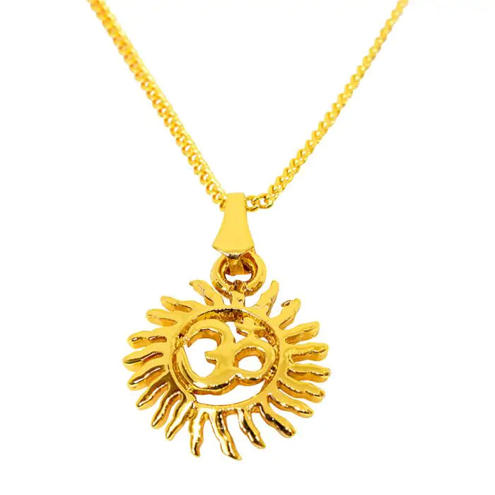 Surat Diamonds Sun Filled Rays Om Gold Plated Religious Pendant with Chain