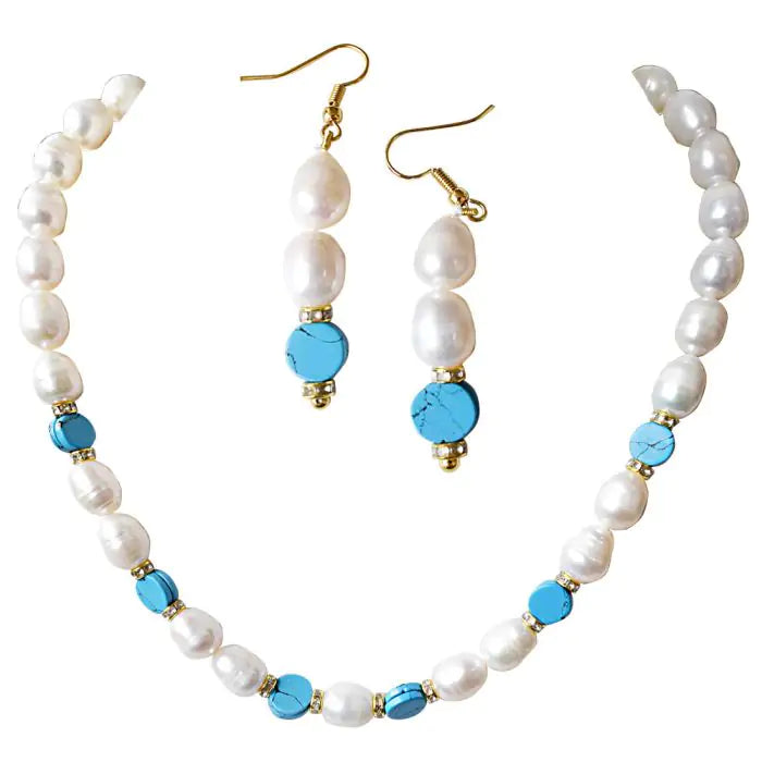 Surat Diamonds Real Big Elongated Pearl & Blue Turquoise Disc Necklace & Earring Set for Women