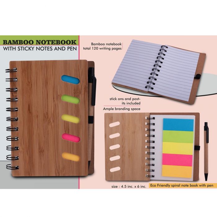 Bamboo notebook with sticky notes and pen (Bulk/Corporate Orders Only)