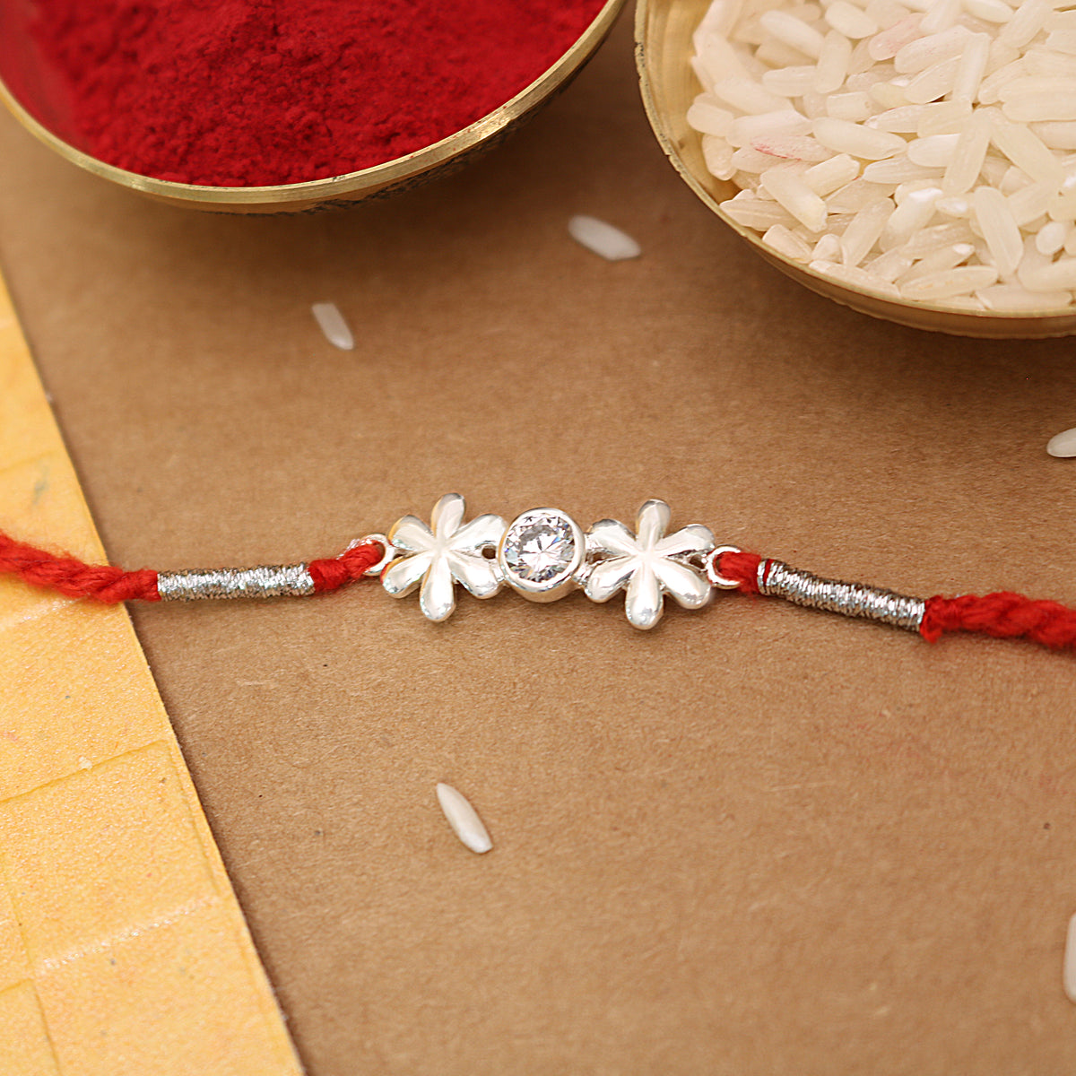 Silver Zircon Twin Flower Rakhi