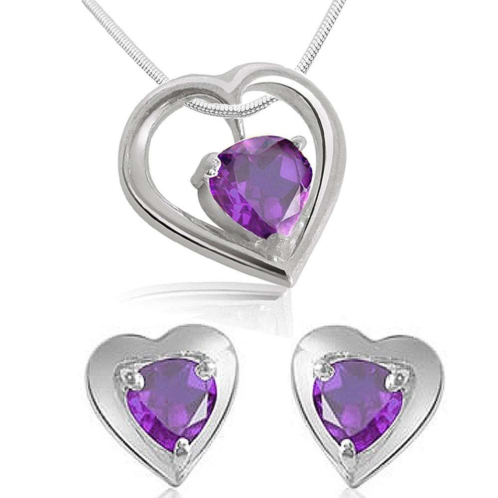 Heart Shape Purple Amethyst Pendant & Earring Set with Silver finished Chain for Women