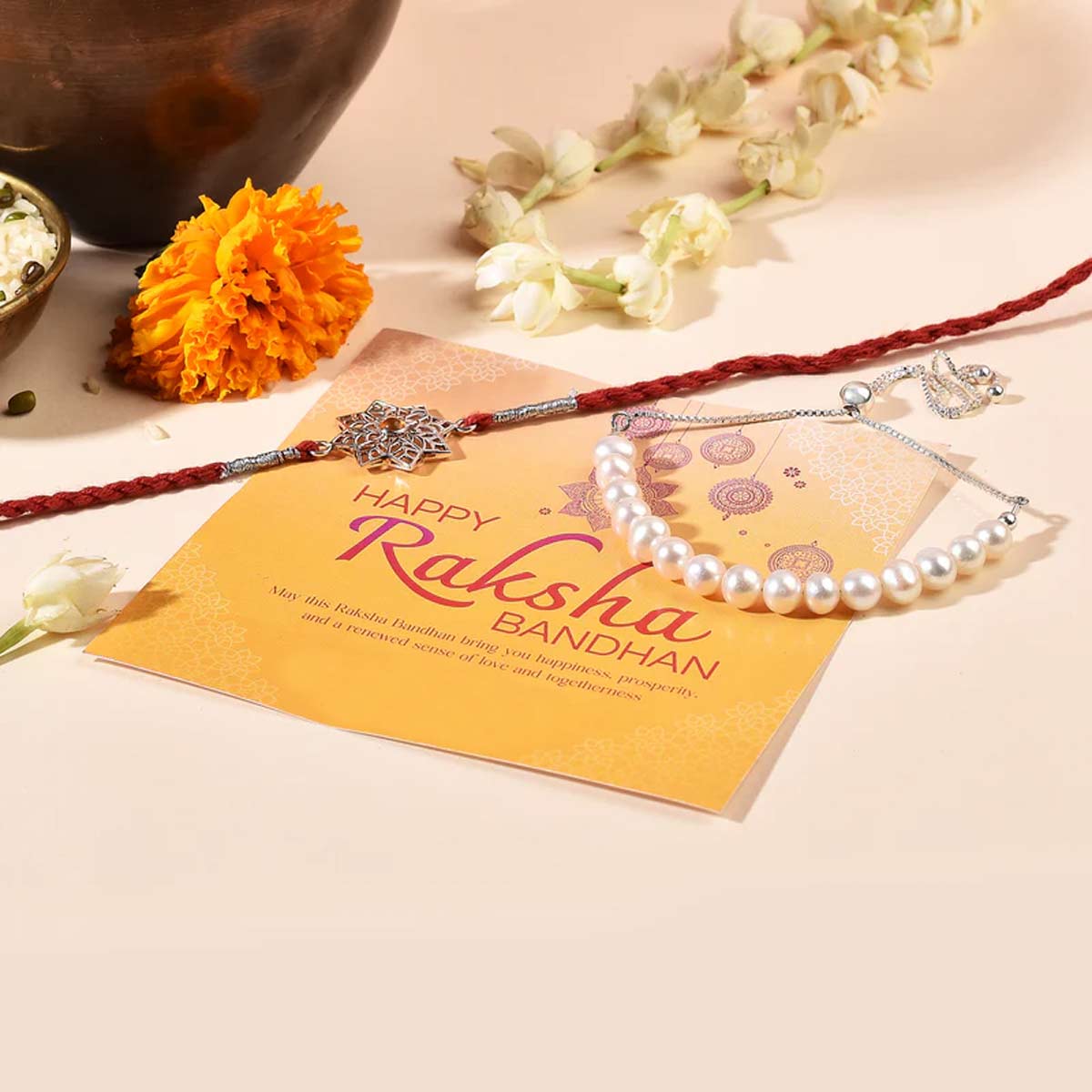 Ethereal Rakhi & Pearl Bracelet Bhaiya Bhabhi Combo Pack