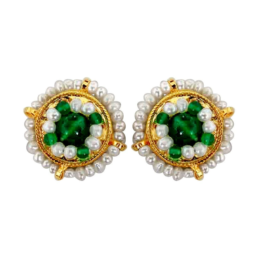 Glowing Green Freshwater Pearl, Green Onyx & Gold Plated Kuda Earrings-1
