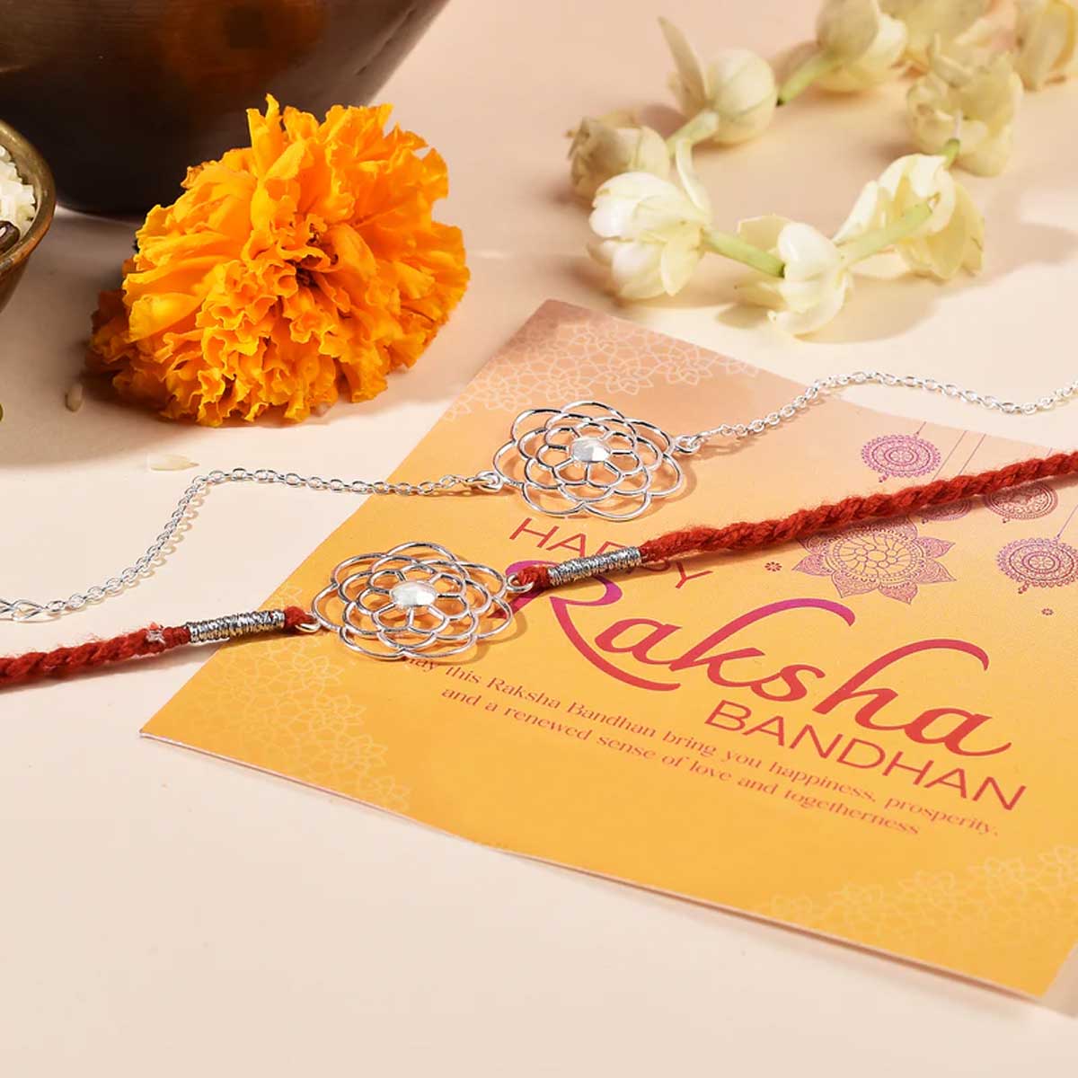 Marigold Silver Rakhi & Bracelet Combo