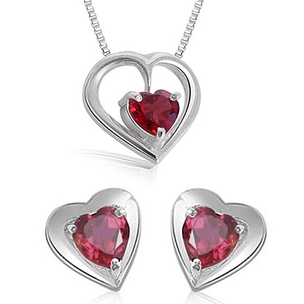 Heart Shape Red Garnet Pendant & Earring Set with Silver finished Chain for Girls