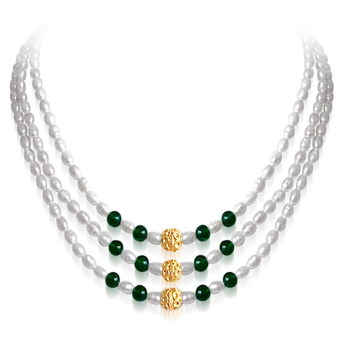Stately Elegance - 3 Line Real Green Onyx and Rice Pearl Necklace for Women