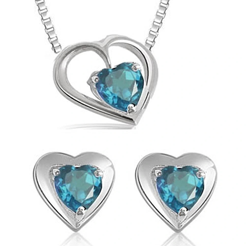 Heart Shape Blue Topaz Pendant & Earring Set with Silver finished Chain for Girls-1