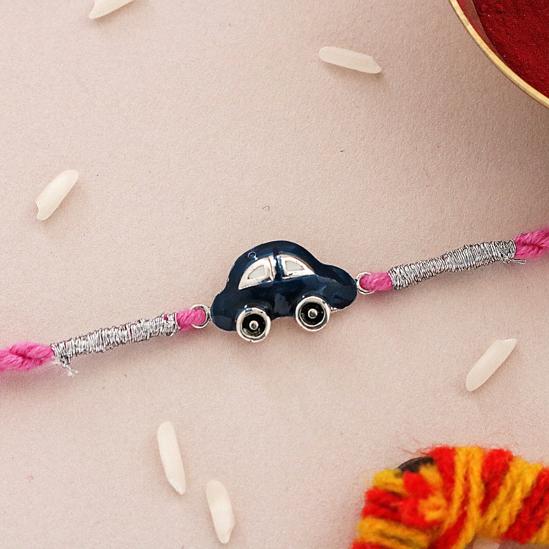 Enamel Blue Car Kids Silver Rakhi