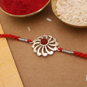 Orange Onyx Flower Wheel Silver Rakhi