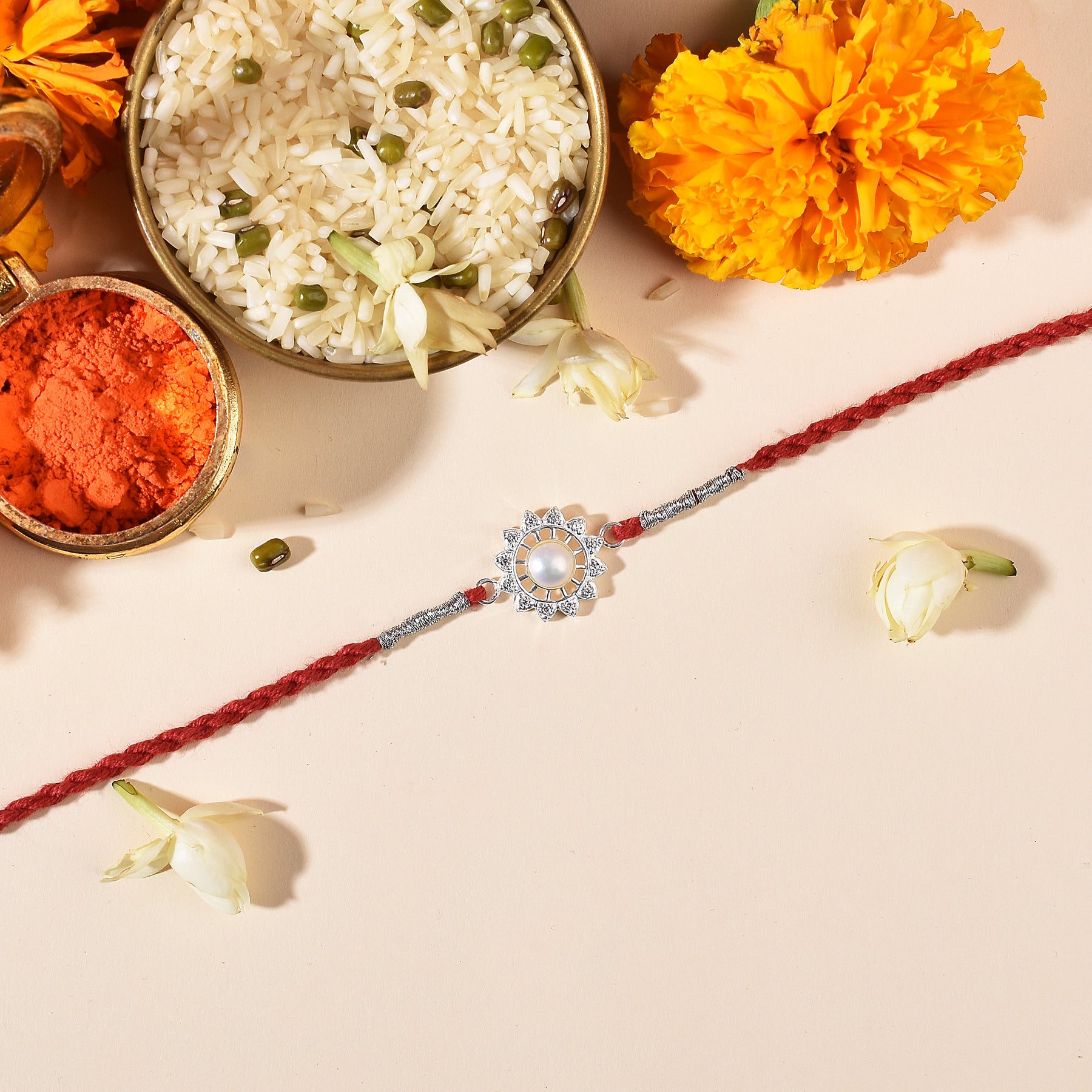 Shining Pearl Flower Silver Rakhi