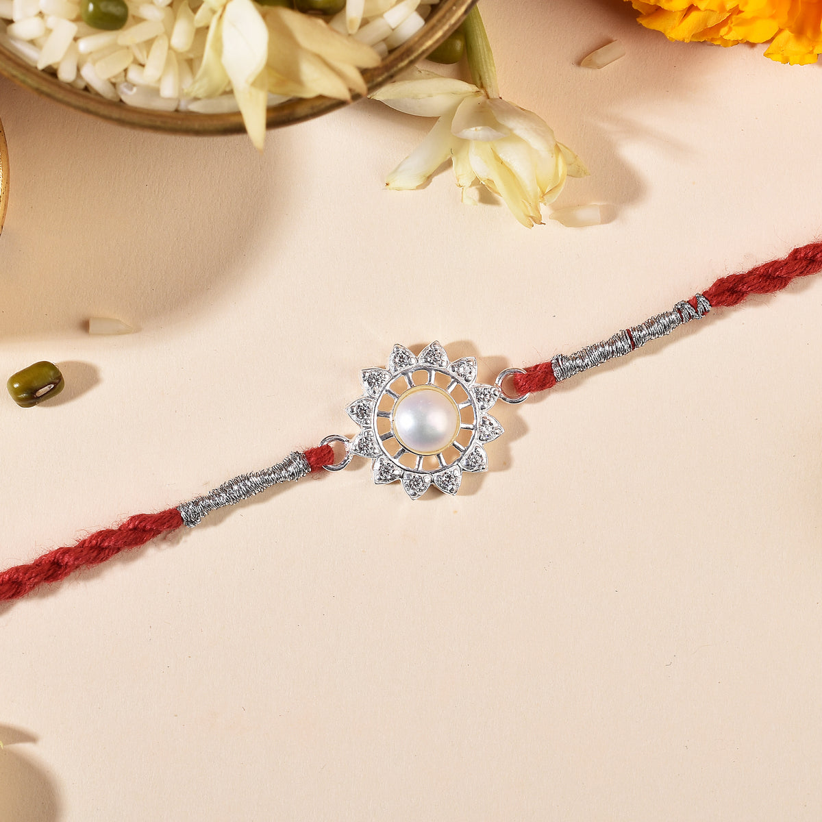 Shining Pearl Flower Silver Rakhi