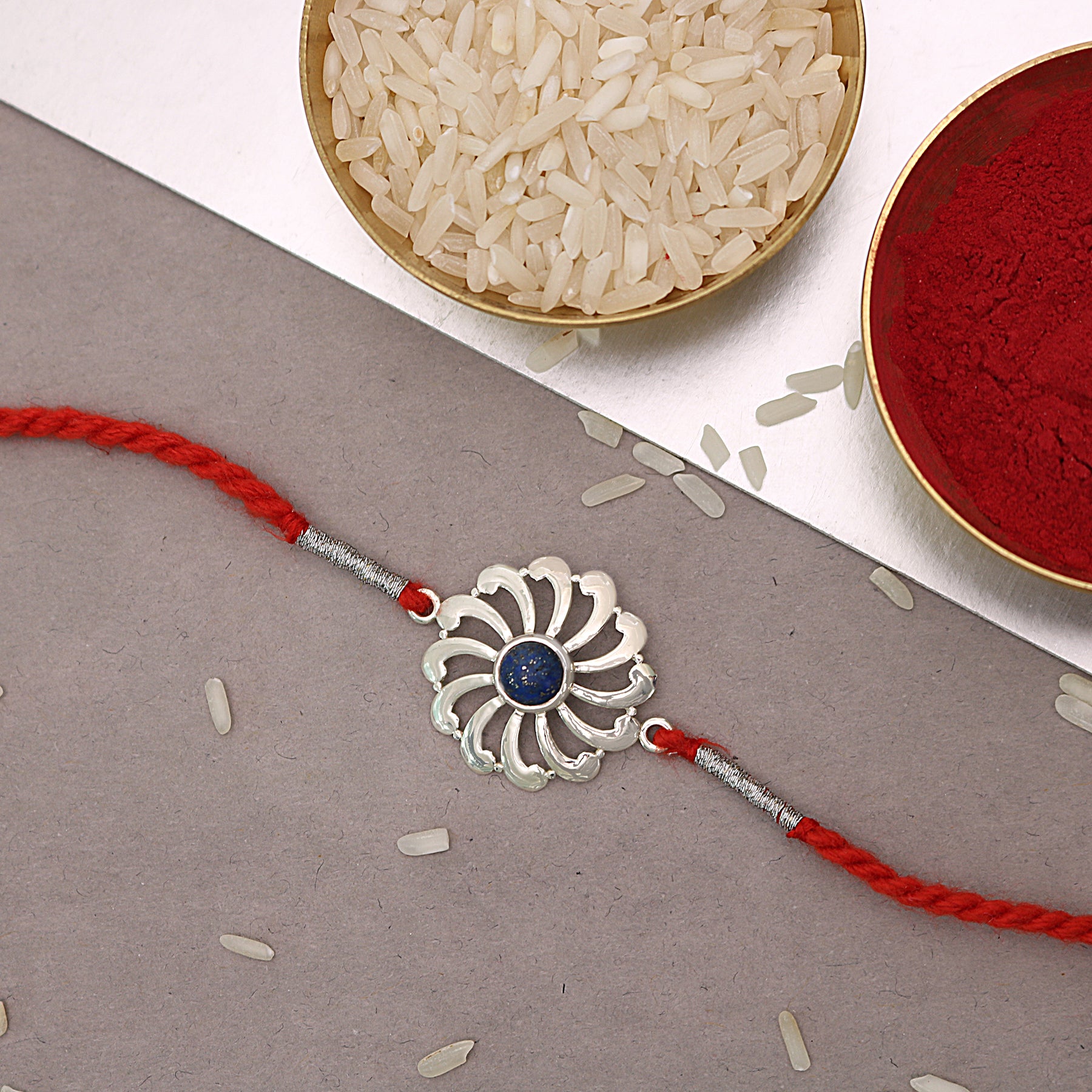 Sodalite Flower Wheel Silver Rakhi