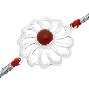 Orange Onyx Flower Wheel Silver Rakhi