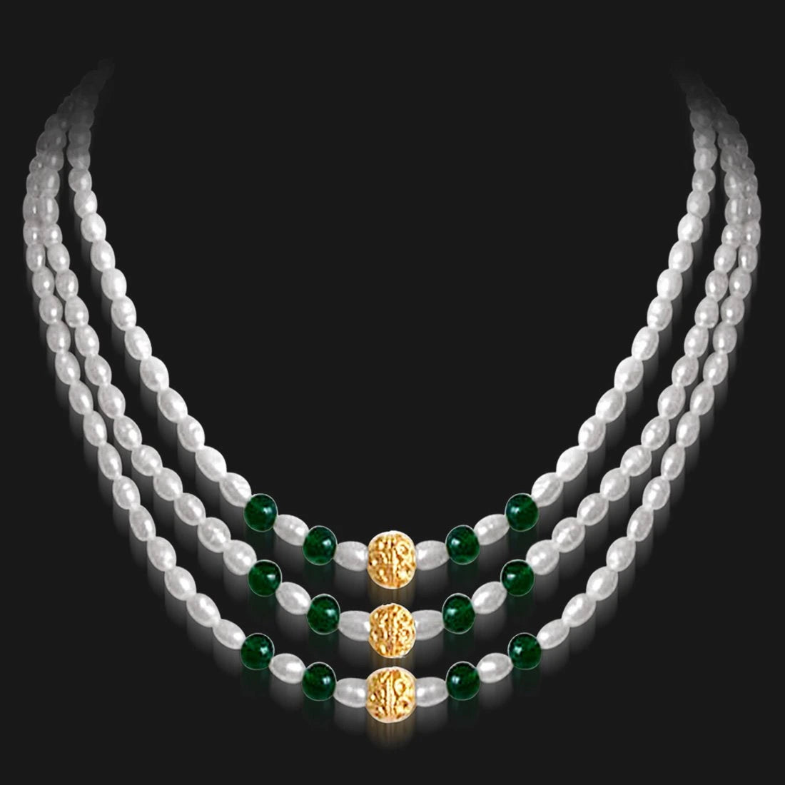 Stately Elegance - 3 Line Real Green Onyx and Rice Pearl Necklace for Women-2