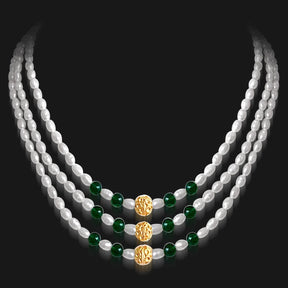Stately Elegance - 3 Line Real Green Onyx and Rice Pearl Necklace for Women