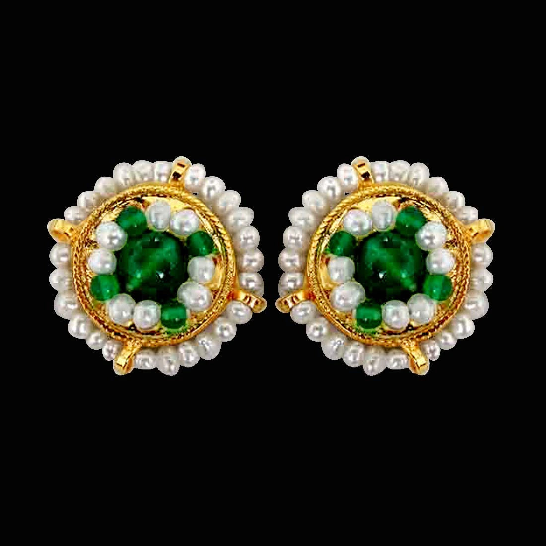 Glowing Green Freshwater Pearl, Green Onyx & Gold Plated Kuda Earrings-2