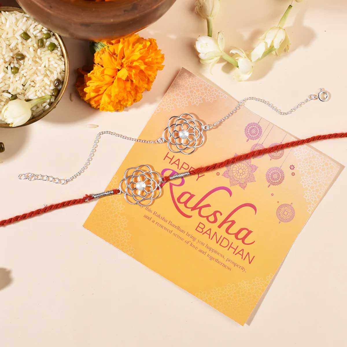 Marigold Silver Rakhi & Bracelet Combo