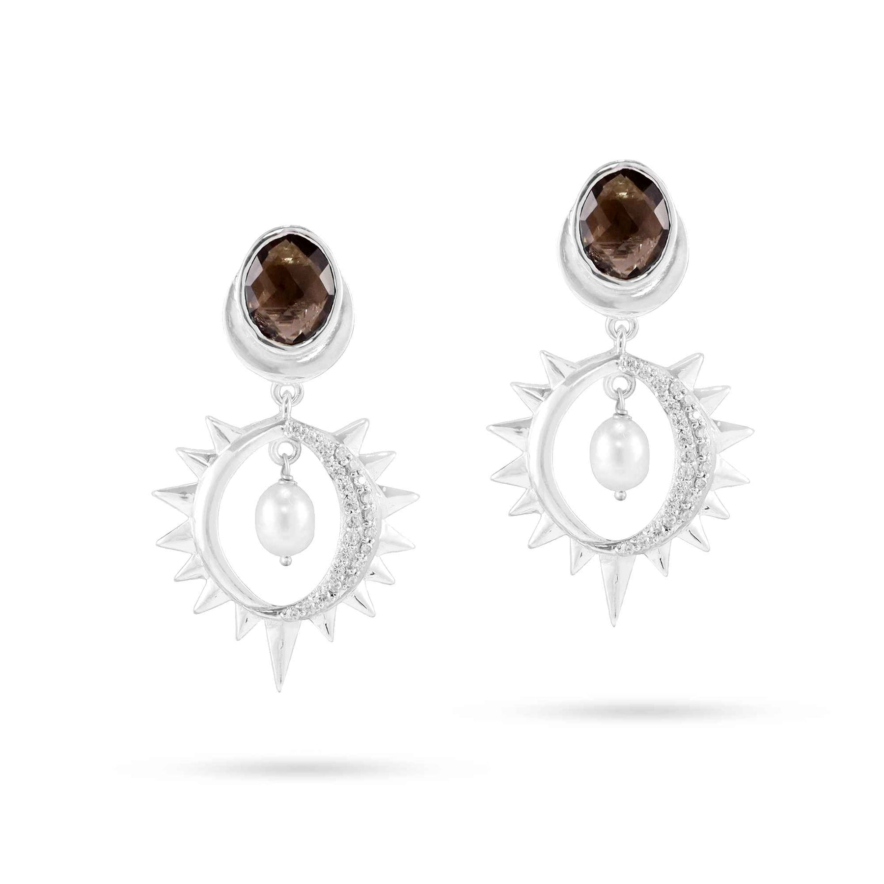 Smoky Mounted CZ Pearl Silver Drop Earrings