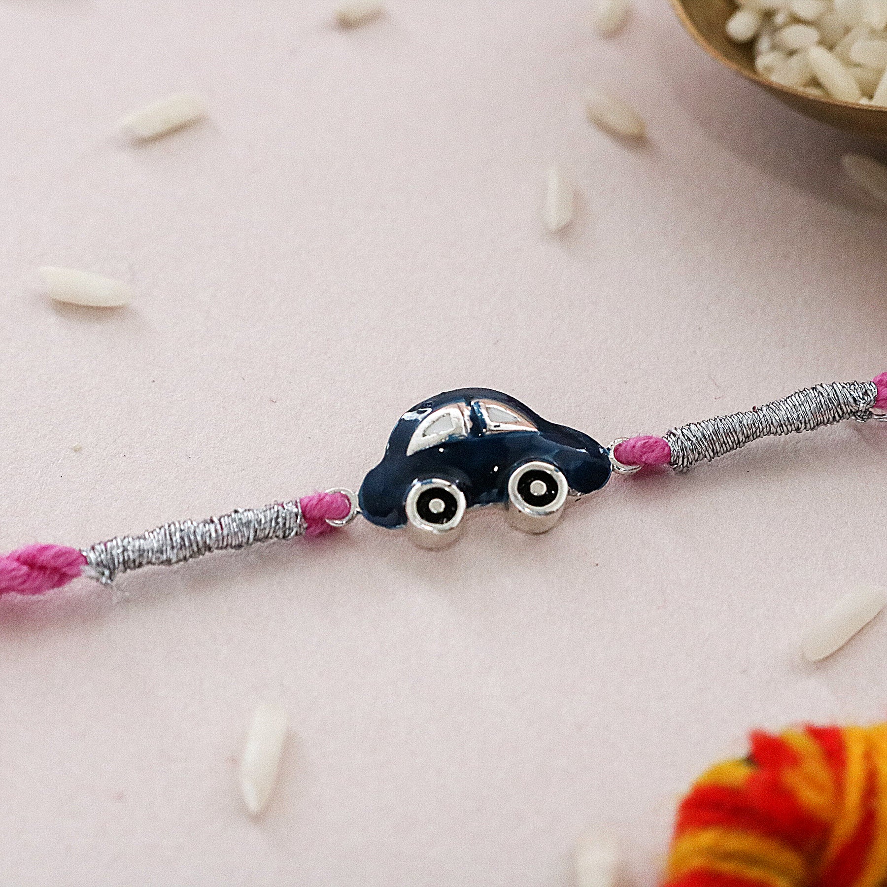 Enamel Blue Car Kids Silver Rakhi