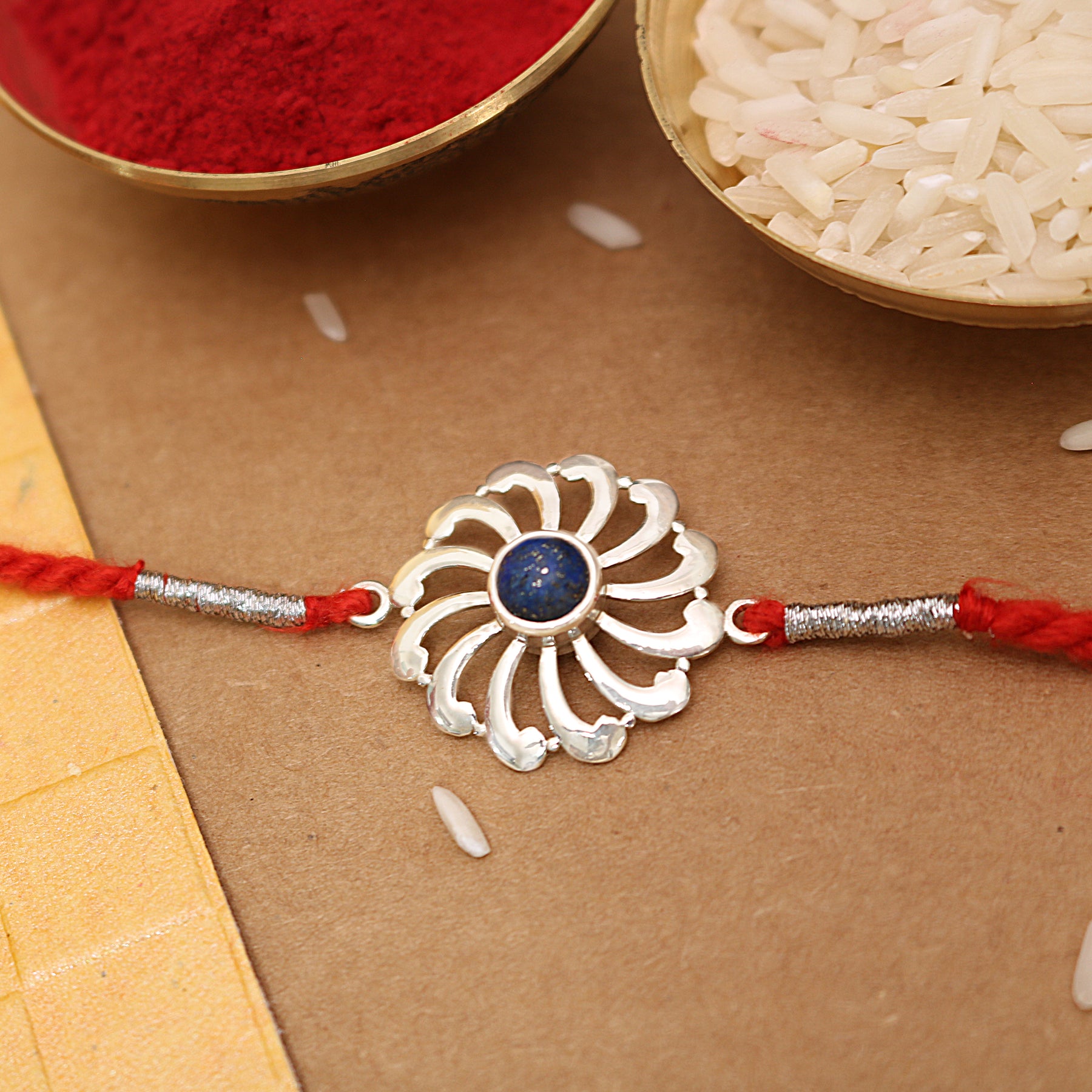 Sodalite Flower Wheel Silver Rakhi