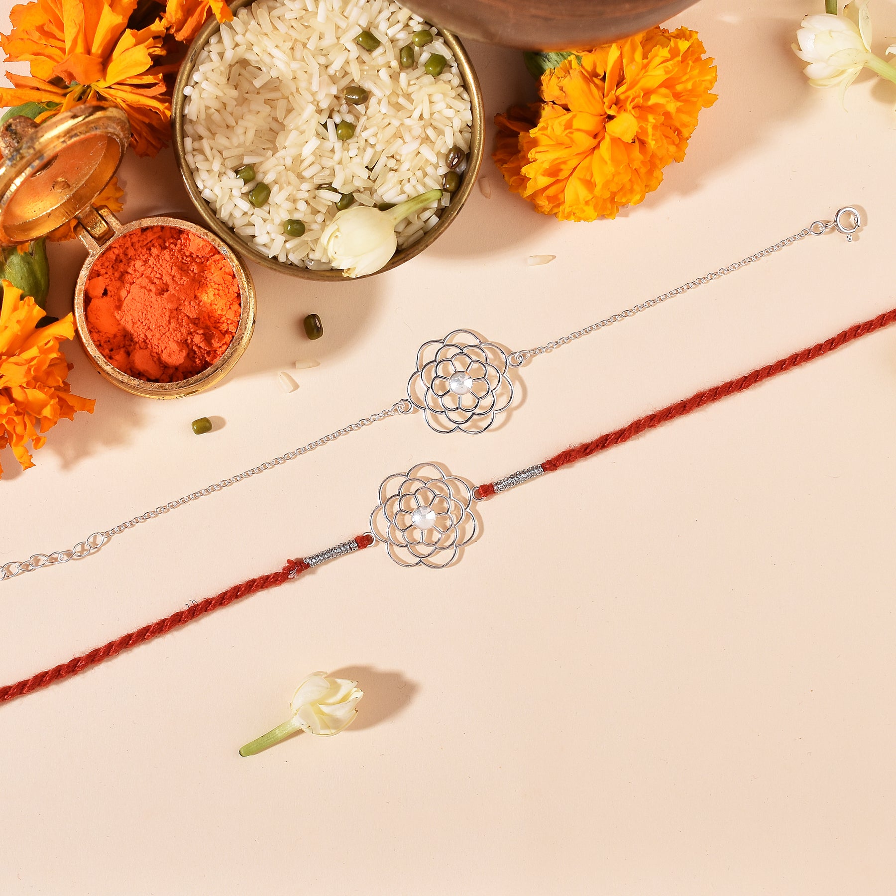 Marigold Silver Rakhi & Bracelet Combo