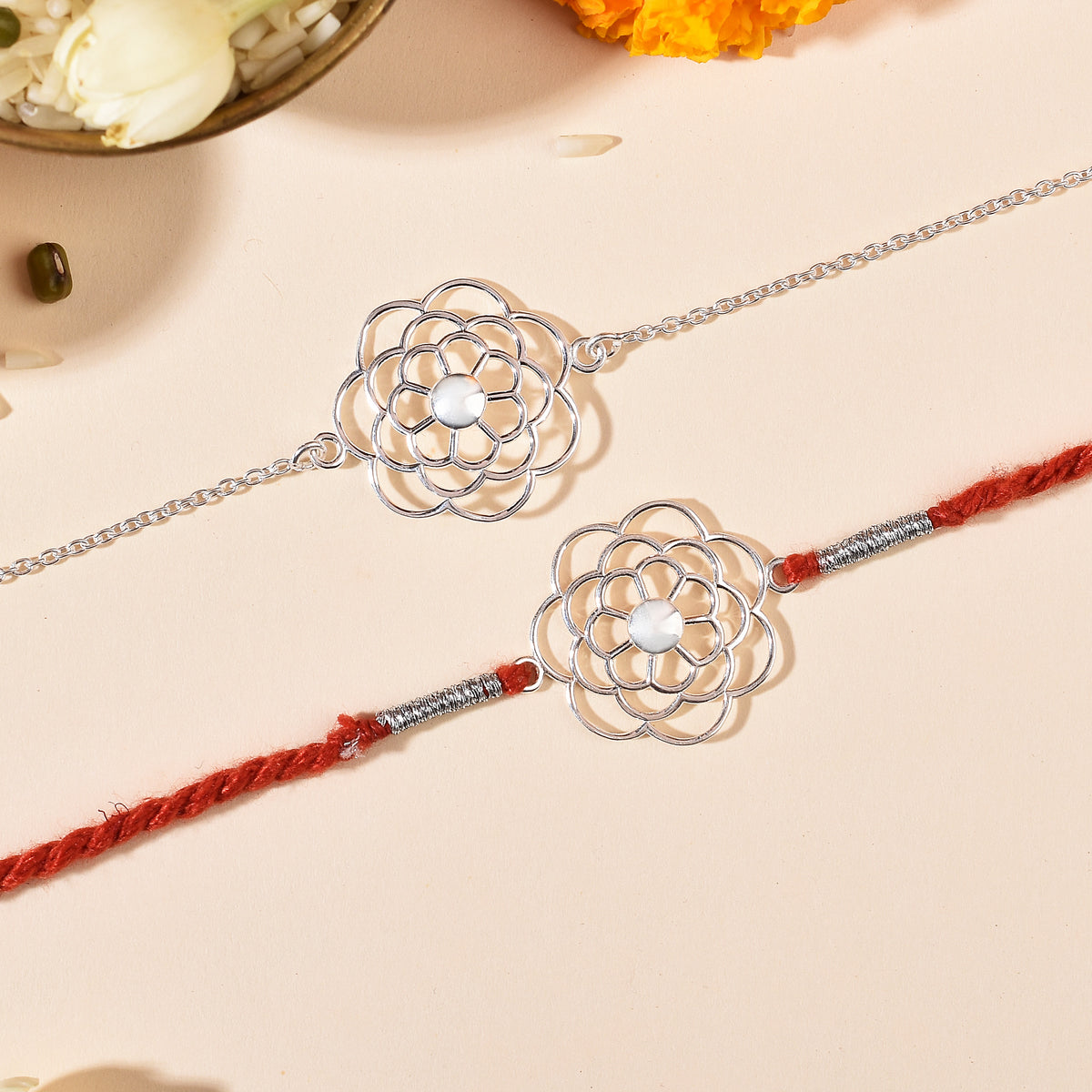 Marigold Silver Rakhi & Bracelet Combo