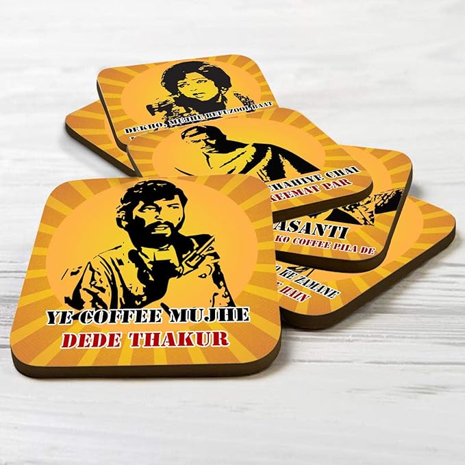 Classic Bollywood Blockbuster Actor With Famous Dialogue Printed Coasters Set of 6