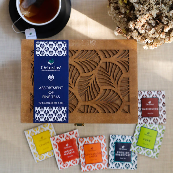 Assortment of Fine Teas - 90 Teabags in Handcrafted Cutwork Wooden Box