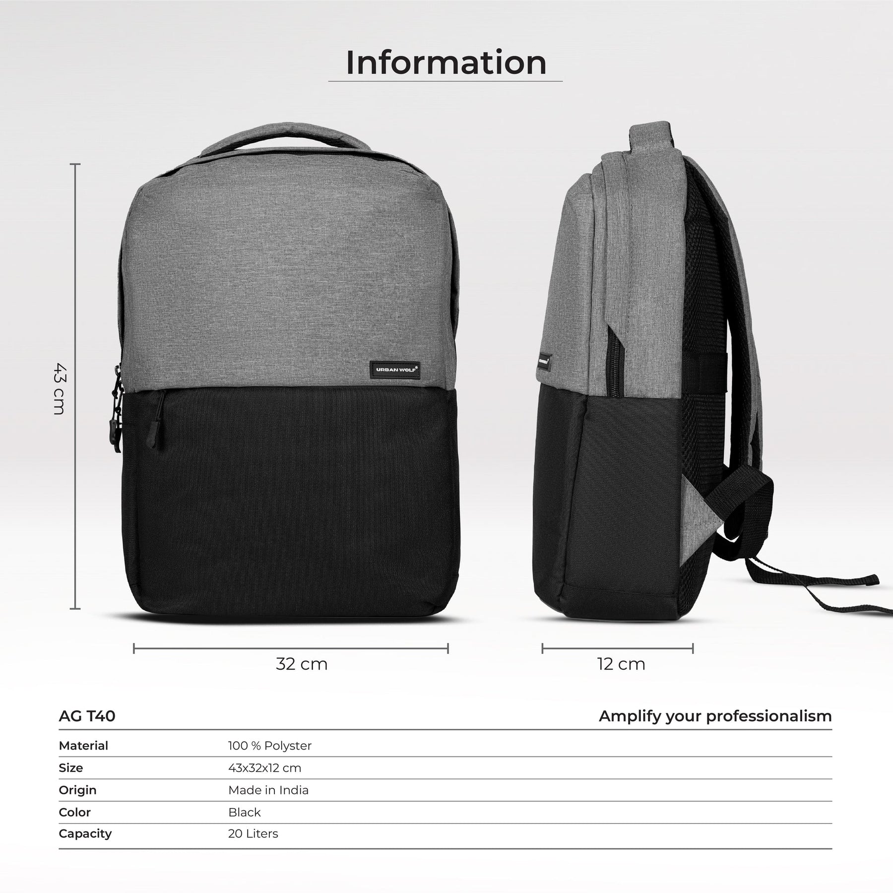 Urban Wolf Business Casual 20L Dual Compartment Laptop Backpack-(GREY)