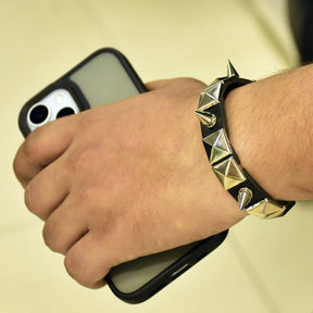 Pyramid Rockstud Black Leather Style Bracelet For Men